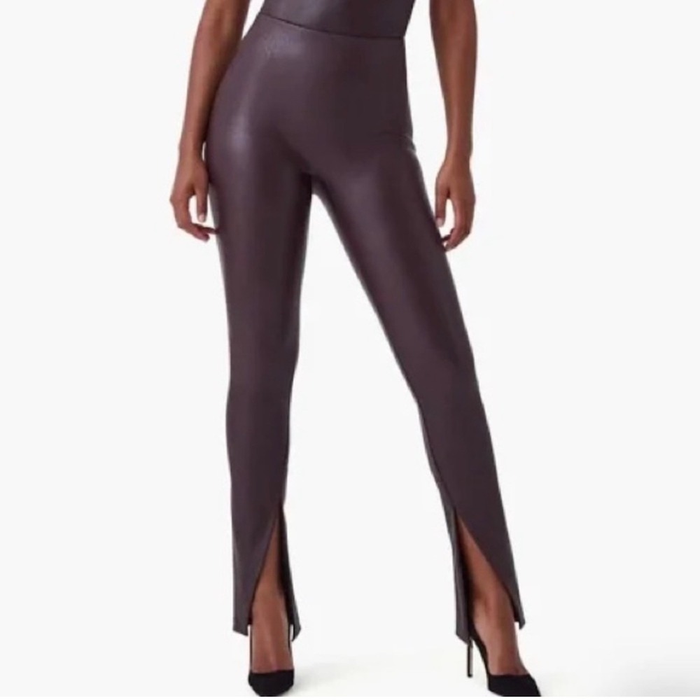 Spanx Faux Leather Front Slit Skinny Leggings Cherry Chocolate XS 20526R